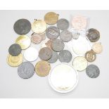 A mixed lot of early copper coins and medallions; 1/2 penny 1786, Queen Elizabeth Coronation