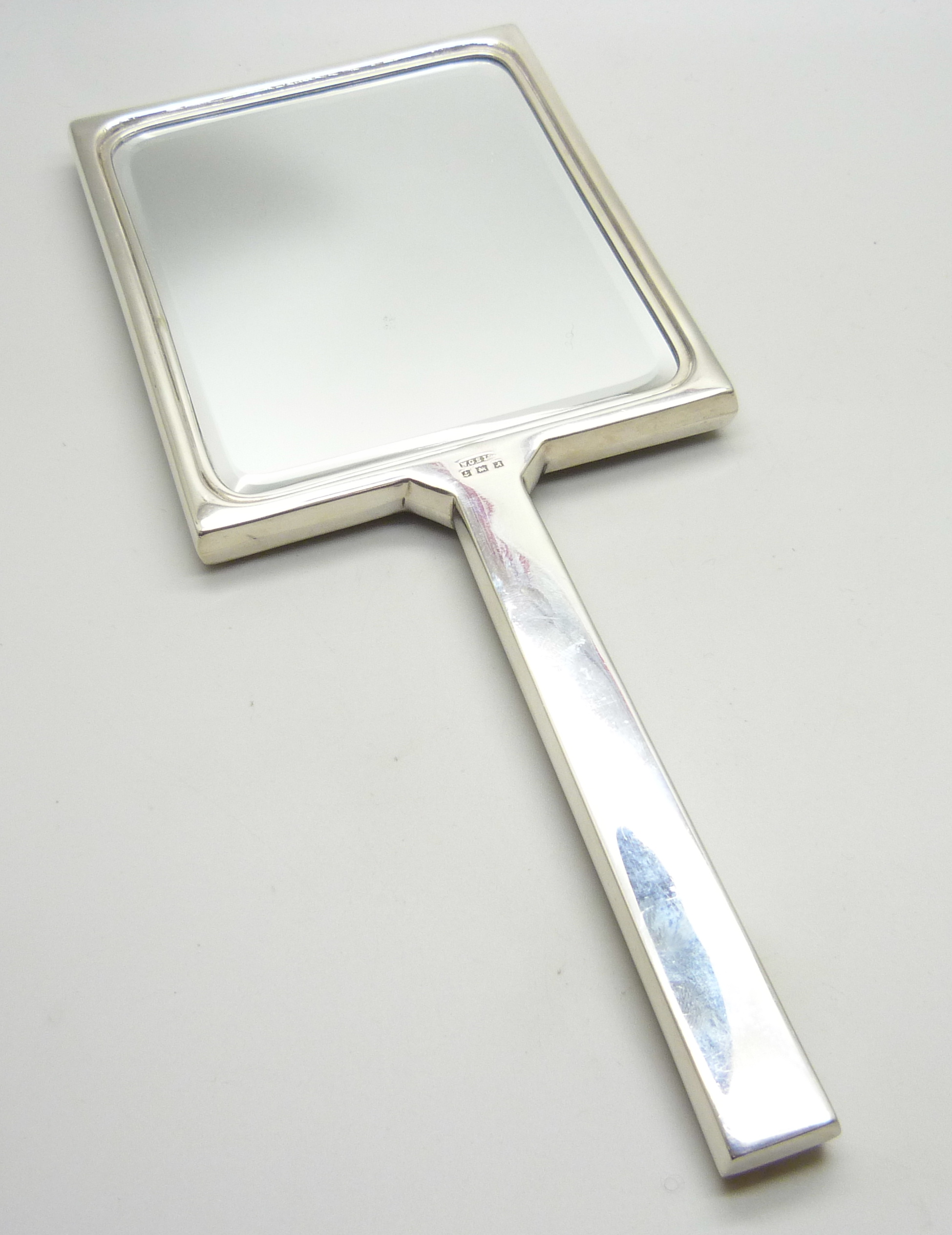 A silver and enamelled hand mirror and two brushes, Birmingham 1950 - Image 4 of 7