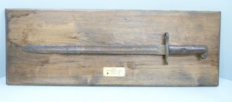 A bayonet, mounted on a wooden plaque, marked 'found Meuse Argonne Sector France'