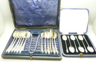 A cased set of six silver coffee spoons, Sheffield 1940, 48g, and a cased set of plated spoons