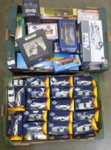 Two boxes of die cast vehicles including Gama, Mack pumper trucks, Atlas and Solido