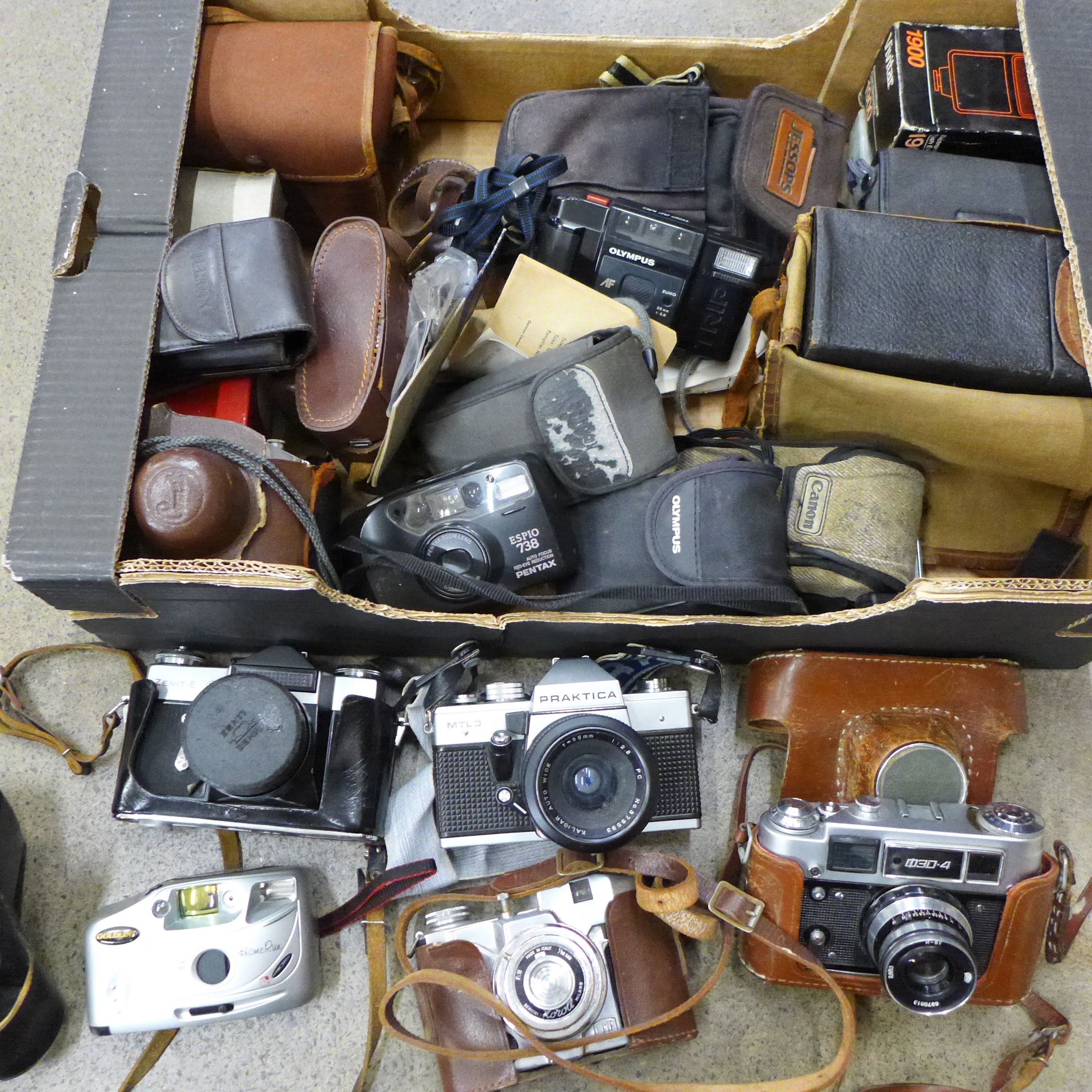 Vintage cameras including Praktica, Zenit, etc.