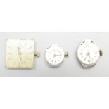Three lady's wristwatch movements; International Watch Co., Tudor by Rolex and Longines