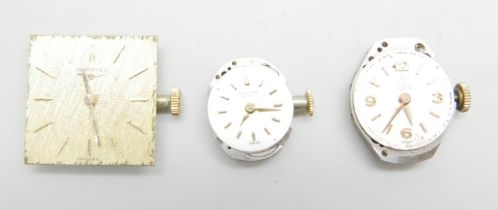 Three lady's wristwatch movements; International Watch Co., Tudor by Rolex and Longines