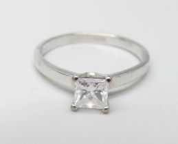 An 18ct gold and diamond ring, square modified brilliant cut diamond, 0.65 carat weight, colour