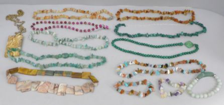 Malachite and semi precious stone necklaces and a large agate pendant and chain