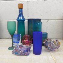 Two Polish LSA glass vases, a cylindrical glass vase and other coloured glass (10) **PLEASE NOTE