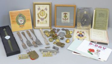 Military related items including silks, badges, buttons, flatware, postcards and a modern wristwatch
