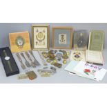 Military related items including silks, badges, buttons, flatware, postcards and a modern wristwatch