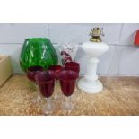 A vintage Hofbauer Bryrds crystal vase, ruby red, Cranberry and clear tulip wine glasses, a Mid