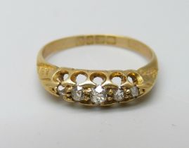 An 18ct gold and five stone diamond ring, 2.5g, M
