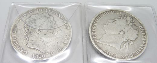 An 1821 George IV Secundo crown and an 1820 George III LX crown