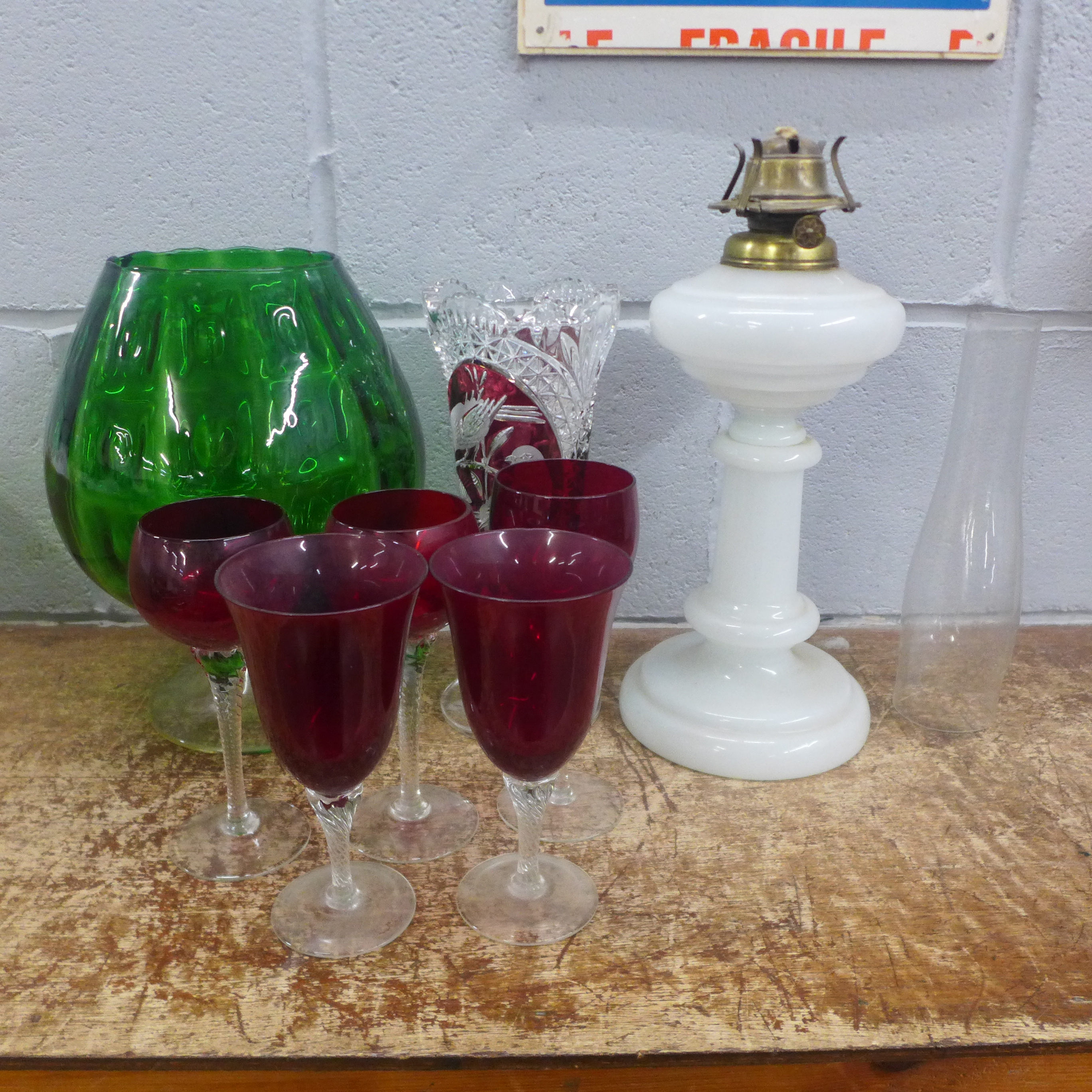 A vintage Hofbauer Bryrds crystal vase, ruby red, Cranberry and clear tulip wine glasses, a Mid - Image 2 of 6