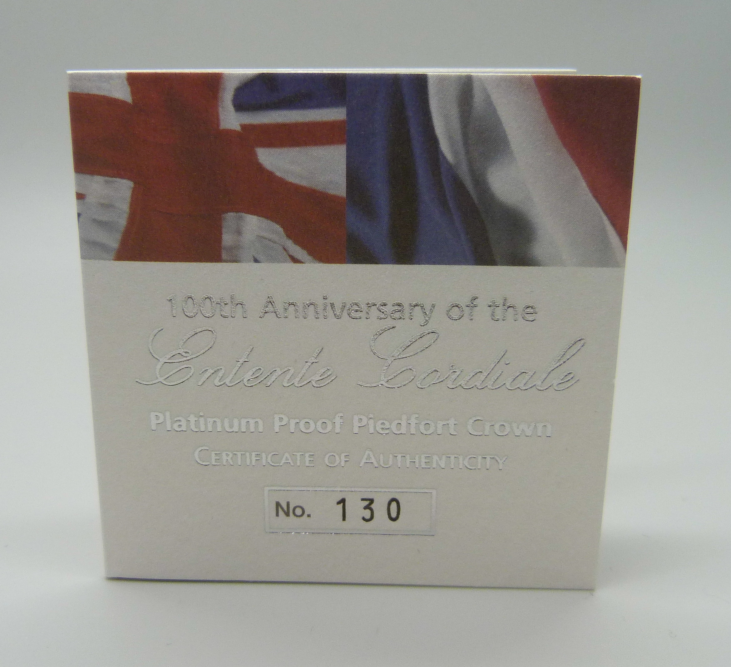 A Royal Mint 100th Anniversary of the Entente Cordiale Platinum Proof Piedfort Crown, No. 130, .9995 - Image 4 of 5