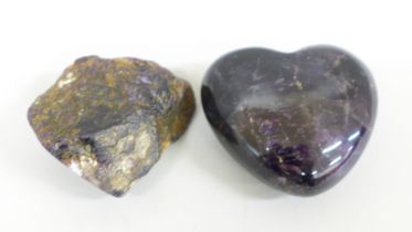 A carved heart shaped amethyst specimen and a Blue John polished mineral sample