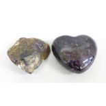 A carved heart shaped amethyst specimen and a Blue John polished mineral sample