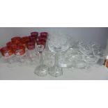 A box of mixed drinking glasses, eight various etched champagne coups, two sets of six ruby flash