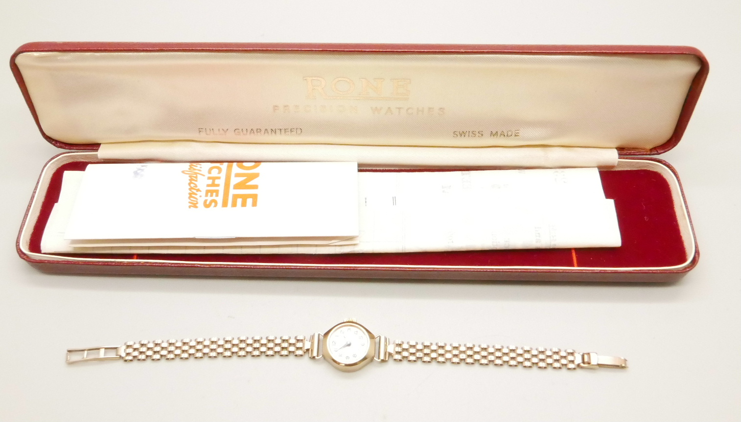A lady's 9ct gold Rone wristwatch, on a later 9ct gold strap, with box and receipt, total weight