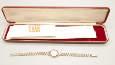 A lady's 9ct gold Rone wristwatch, on a later 9ct gold strap, with box and receipt, total weight