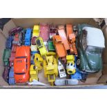 A box of loose die cast model vehicles including Sun Star, Morris Minor 1000, Lone Star, Dinky, Spot