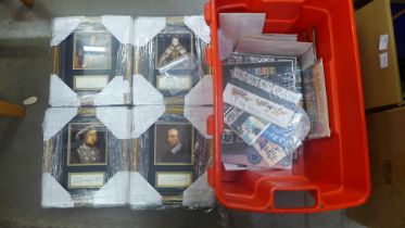 A box of stamps on cards including Royalty, birds, Royal Navy, etc. plus four pictures of Queen