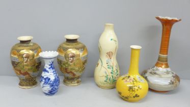 A yellow ground Oriental vase decorated with flowers and character marks to base and five others