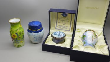 Four Moorcroft enamels, Dolphin & Manatee pill box, 31/75, boxed, Hummingbird, boxed, vase decorated