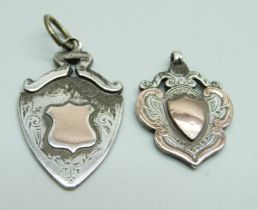 Two gold fronted silver fob medals, one Birmingham 1908, 23g