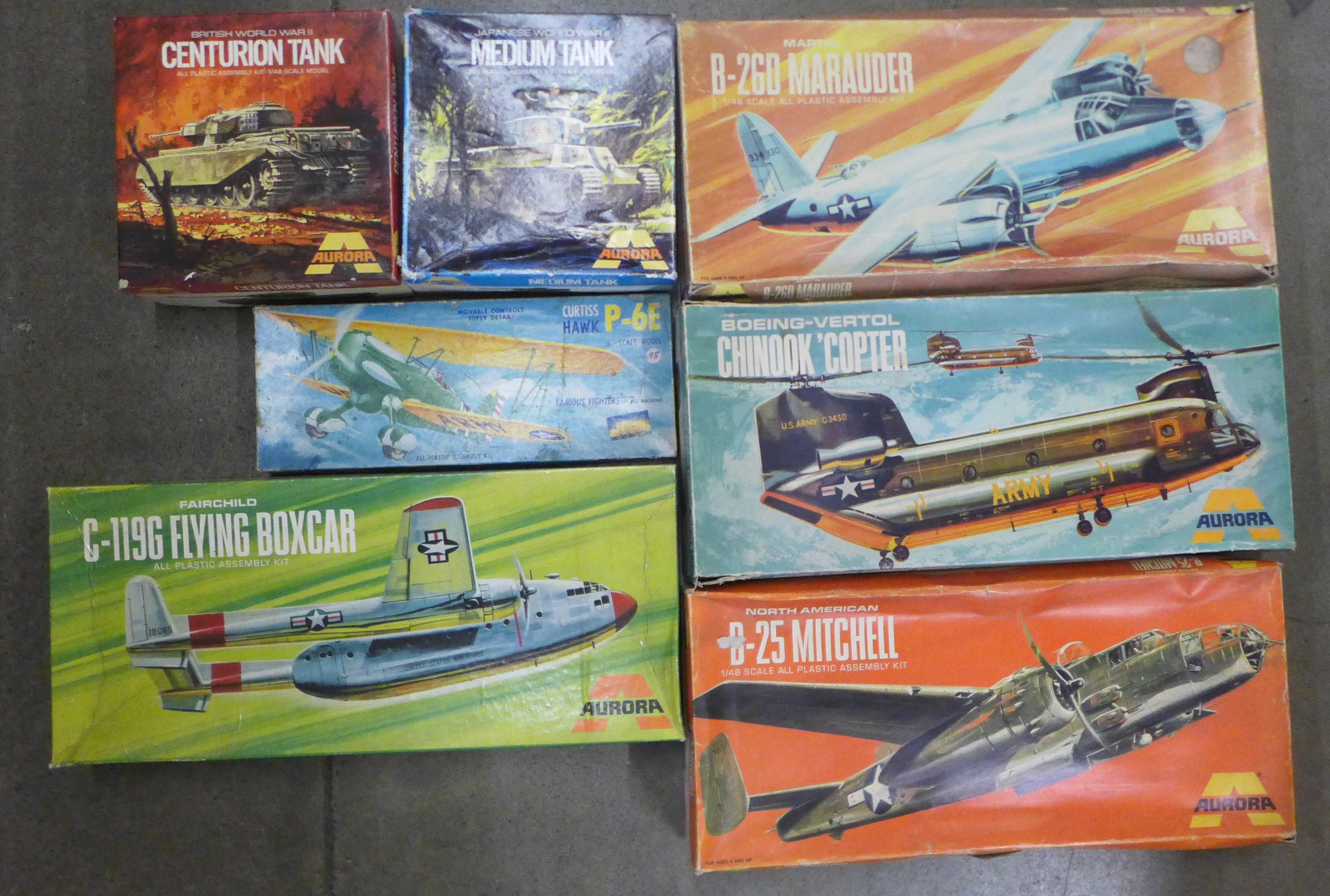 Seven Aurora 1:48 scale kits; Boeing-Vertol Chinook helicopter, four aircraft and two tanks
