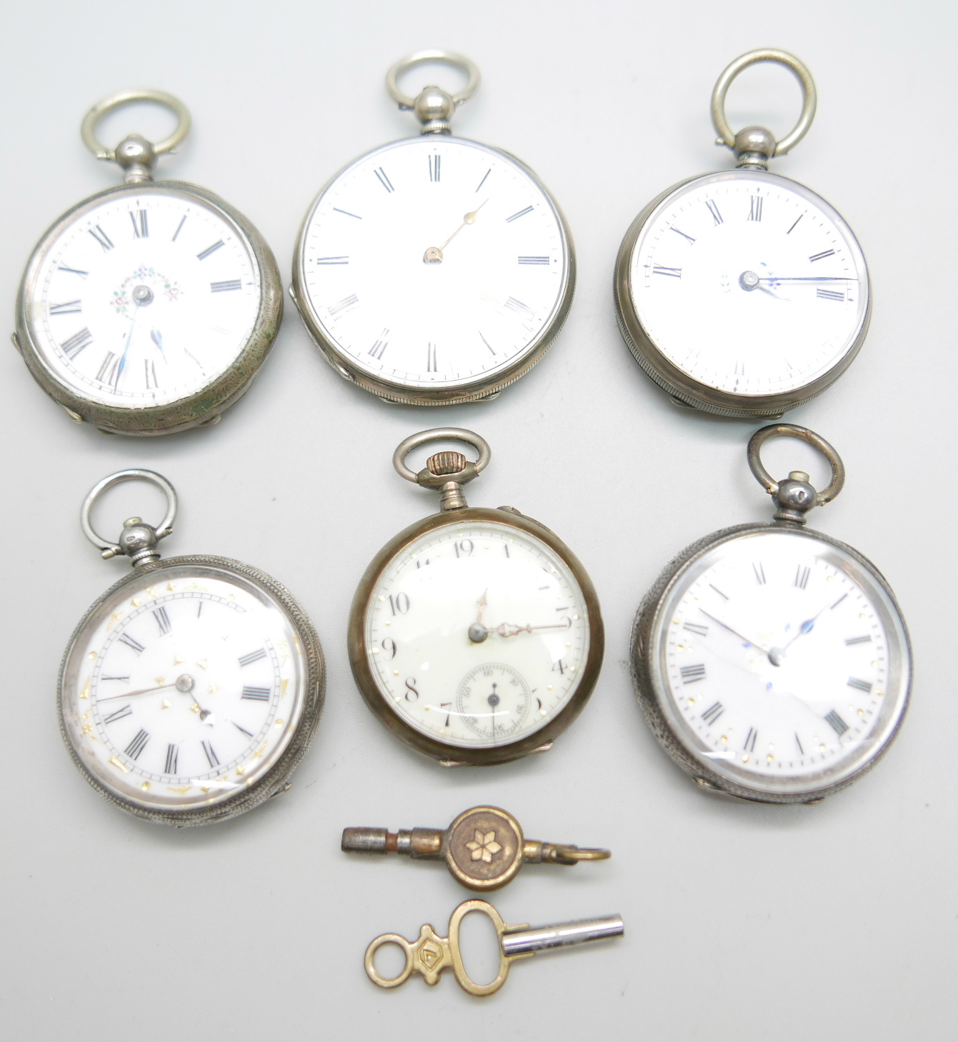 Six ladies Swiss engraved silver fob watches Circa 1910; two winding keys. - Image 2 of 3