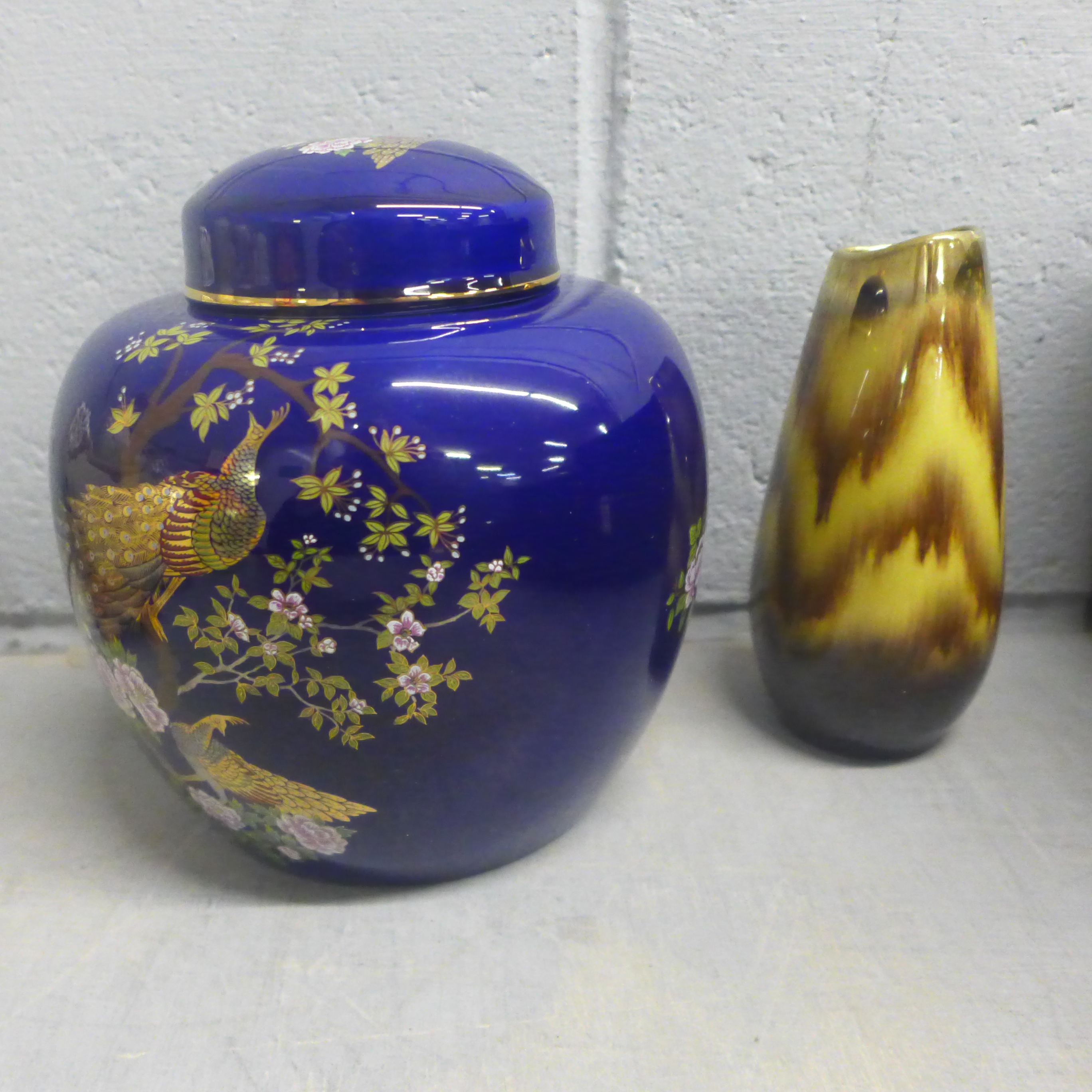 A box of mixed china, Old Foley Royal Blue ginger jar, pierced basket, one other ginger jar, vases - Image 2 of 5