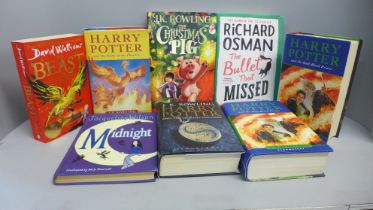 A collection of books, mostly first editions including Harry Potter and the Beast of Buckingham