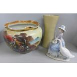 A Hillstonia smooth stoneware vase, Lladro lady and geese figure and a large Victorian glazed