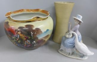 A Hillstonia smooth stoneware vase, Lladro lady and geese figure and a large Victorian glazed