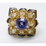 An 18ct gold, blue sapphire and diamond set ring, 3.30ct sapphire, 0.8ct total old cut diamond