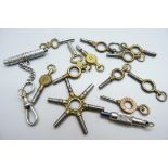 A collection of watch keys including a silver universal bench key on a silver chain and advertising