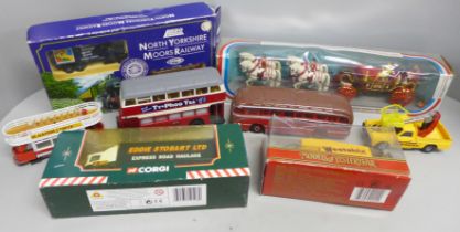 A collection of model vehicles including Corgi 1902 State London set, a Lledo set, Models of