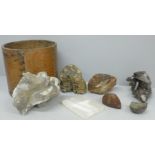 A collection of mineral samples, smoky quartz fossil, agate, etc., seven in total
