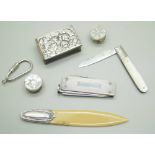 A Georgian silver fruit knife, a small silver matchbox case, a silver pipe smokers knife, etc.