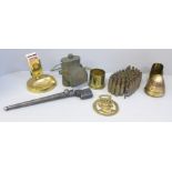 Military related items including a brass matchbox holder/ash tray with insignia, spike bayonet,