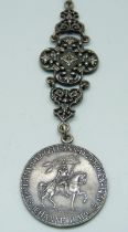 An Antique Joan of Arc medallion/fob, length 17.5cm