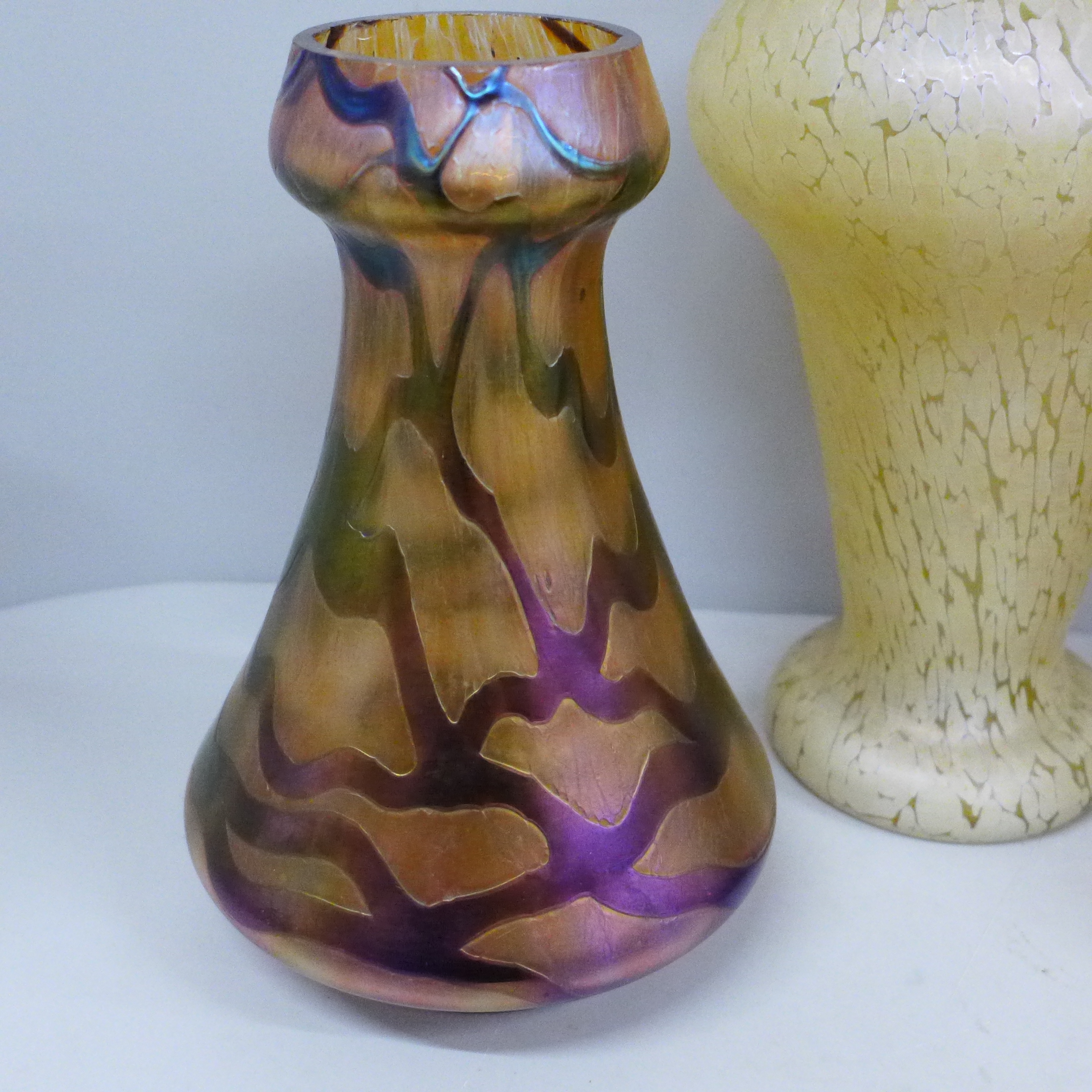 Czech glass; a pair of vases and a cream oil slick vase, pair with chips inside rim and cream vase - Image 2 of 4