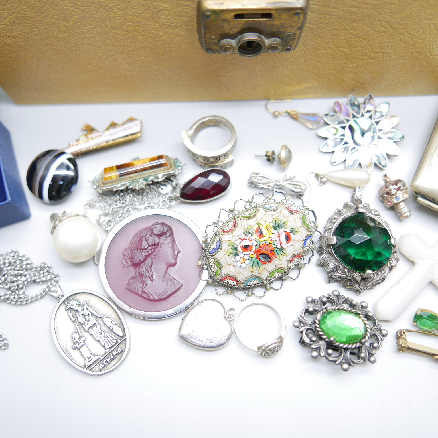 A jewellery box and contents including a silver locket, three chains and ring, and a plated purse - Image 2 of 3