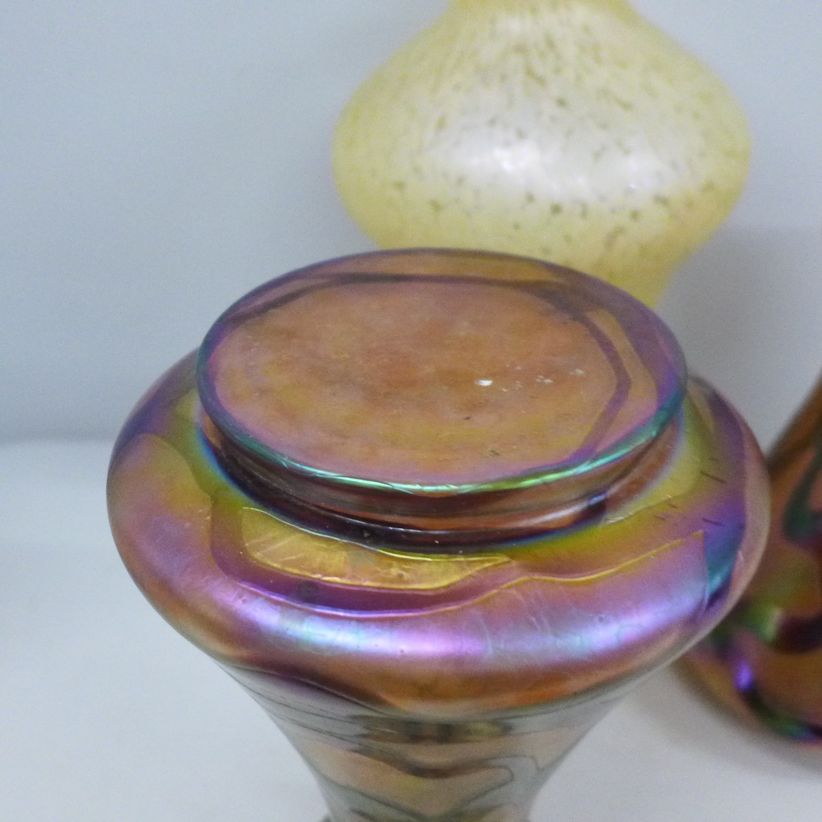 Czech glass; a pair of vases and a cream oil slick vase, pair with chips inside rim and cream vase - Image 3 of 4