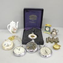 Five pocket watches, a small clock with abolone detail and a small Wedgwood Old Mrs Rabbit tea pot