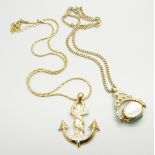 A plated swivel fob pendant on a plated chain and an anchor pendant and chain
