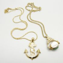 A plated swivel fob pendant on a plated chain and an anchor pendant and chain