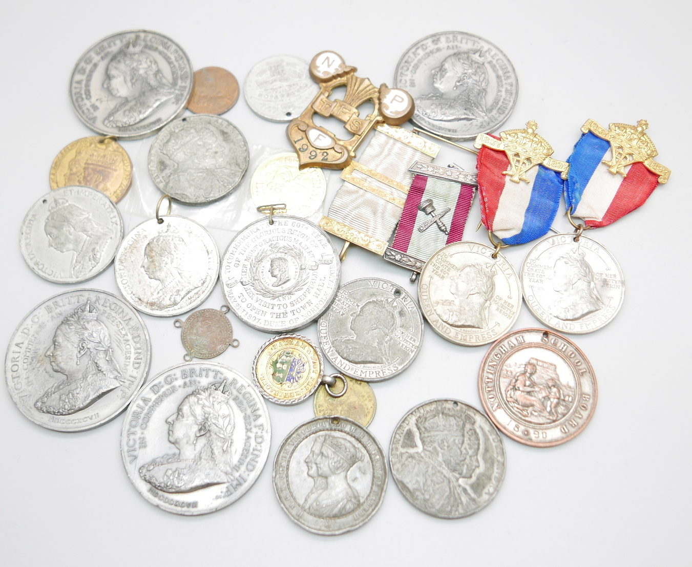 A quantity of Coronation and other badges and medallions, Queen Victoria medal ribbon to commemorate