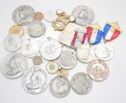 A quantity of Coronation and other badges and medallions, Queen Victoria medal ribbon to commemorate