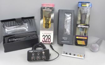 Seven microphones, six are boxed, including Skytronic, Sony and Sanyo